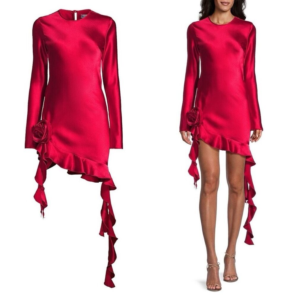 NWT Delfi Kira Ruffled Satin Minidress Red Size Medium $398